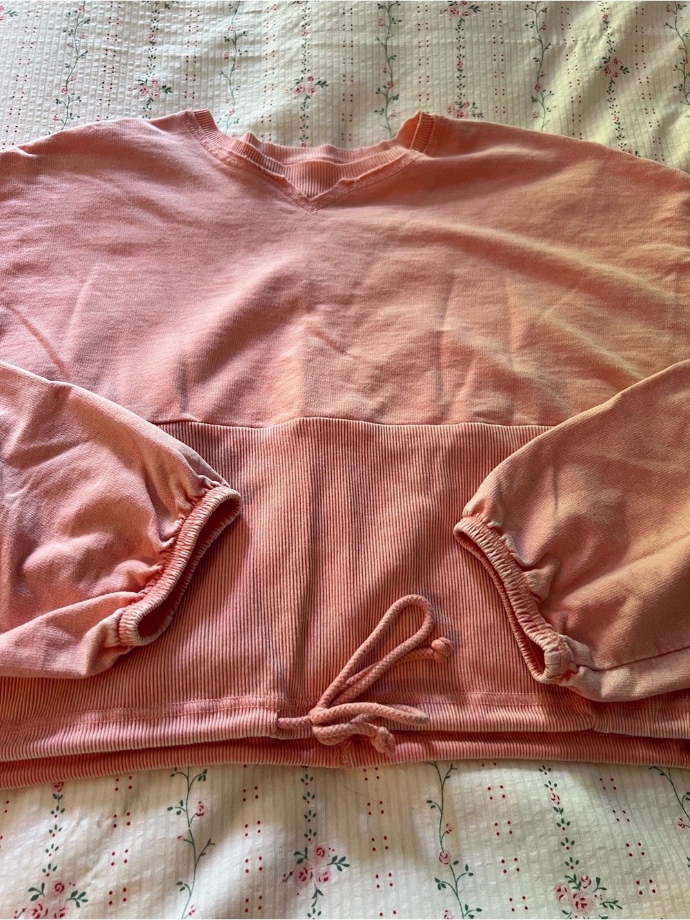 Relaxed Coral Pink Drawstring Hem Crewneck Sweater